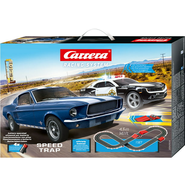 Carrera Battery Operated 1:43 Scale Speed Trap Slot Car Race Track Set w/  Jump Ramp featuring Ford Mustang versus Chevrolet Camaro Sheriff -  