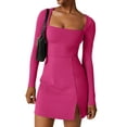 thumbnail image 2 of Douhoow Women MIni Dress Summer Solid Color Long Sleeve Square Neck Split Hem Dress, 2 of 7
