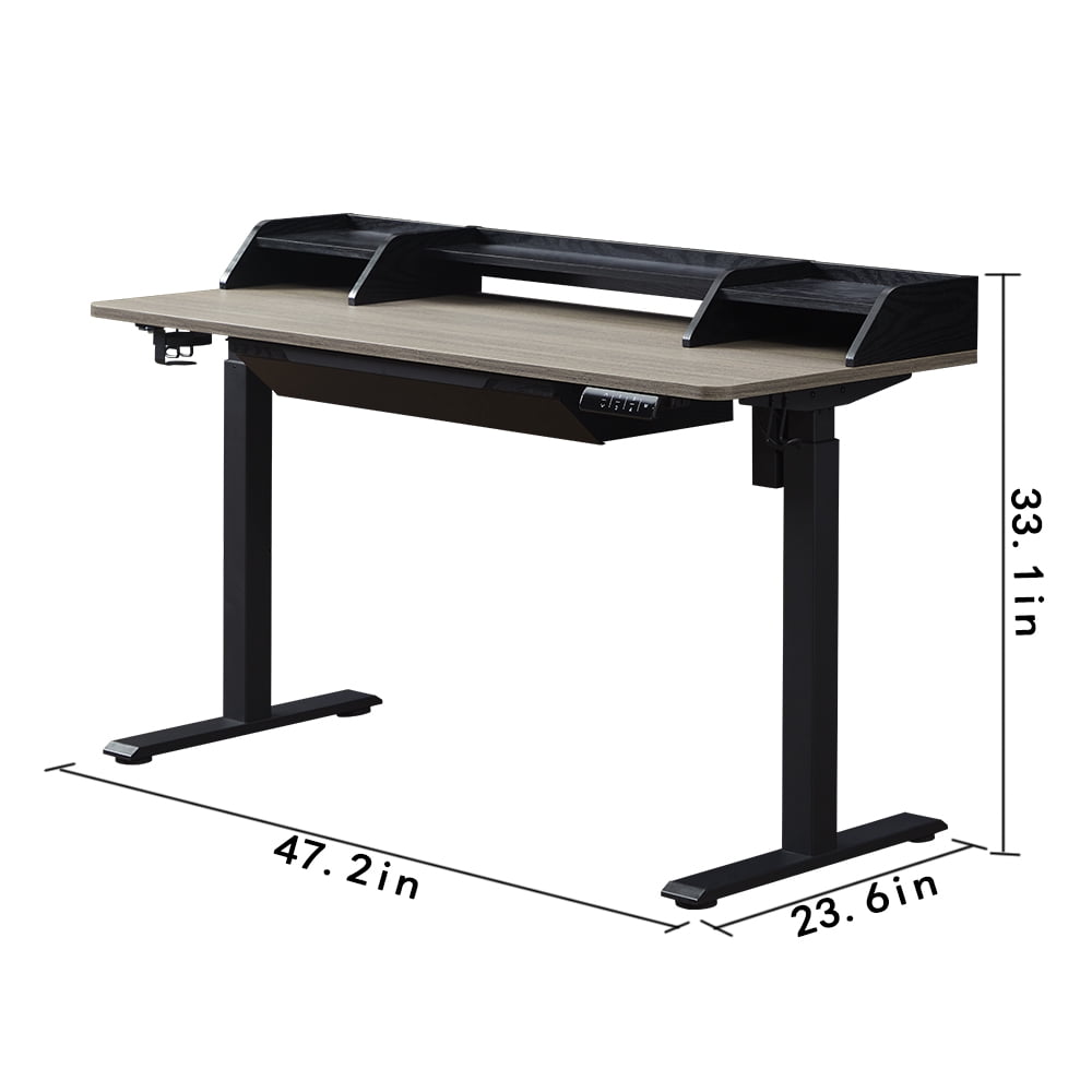 KOWO 48" K304 Electric Height Adjustable Standing Desk with Hutch and Drawer, Grey Oak