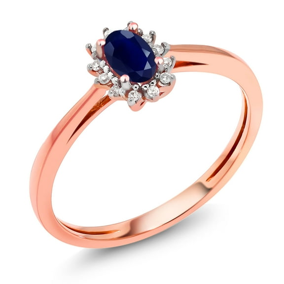 Gem Stone King 0.38 Ct Oval Blue Sapphire White Diamond 18K Rose Gold Ring (Size 9)