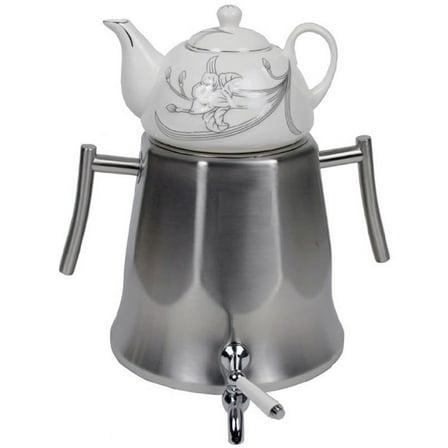 Transitional Modern Large Tall Capacity Classic Samovar Russian Persian Turkish Tea Maker Water Kettle Heavy Thick Stainless Steel Ceramic Porcelain Teapot 6 1=7 Liter W/Faucet