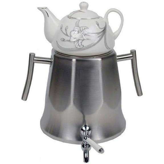 Transitional Modern Large Tall Capacity Classic Samovar Russian Persian Turkish Tea Maker Water Kettle Heavy Thick Stainless Steel Ceramic Porcelain Teapot 6 1=7 Liter W/Faucet