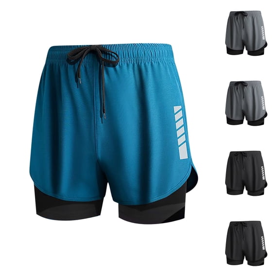 Lovzfmll Men's Lined Running Shorts, Double Layer Workout Shorts, Solid Color Athletic Shorts with Built-In Compression Blue, S