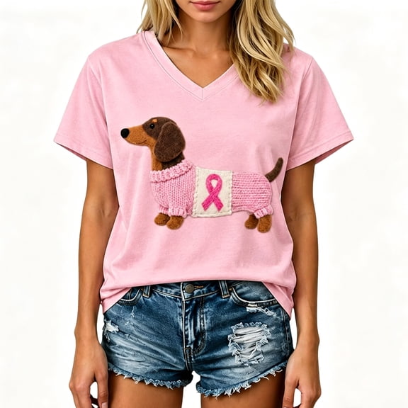 JULMCOMO Breast Cancer Shirts for Women V Neck Breast Cancer Awareness Pink Ribbon Graphic Tees Short Sleeve Loose Fit Cute Print T-Shirts Hot Pink S