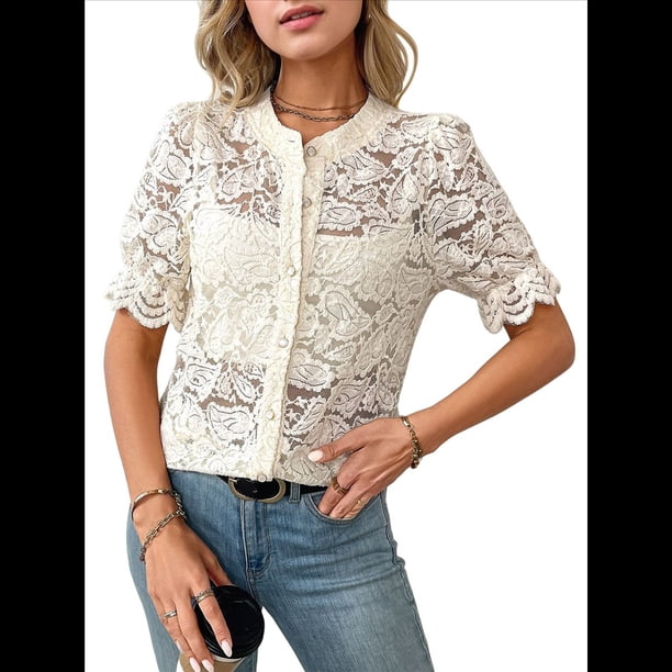Camisa Informal de Encaje con Mangas Abullonadas y Cuello Redondo con Ojales para Mujer, Color Albaricoque M