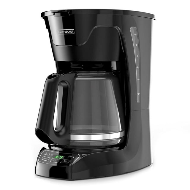 Black+Decker 12-cup programmable coffeemaker CM1110BC-1 in black with digital timer and glass carafe.