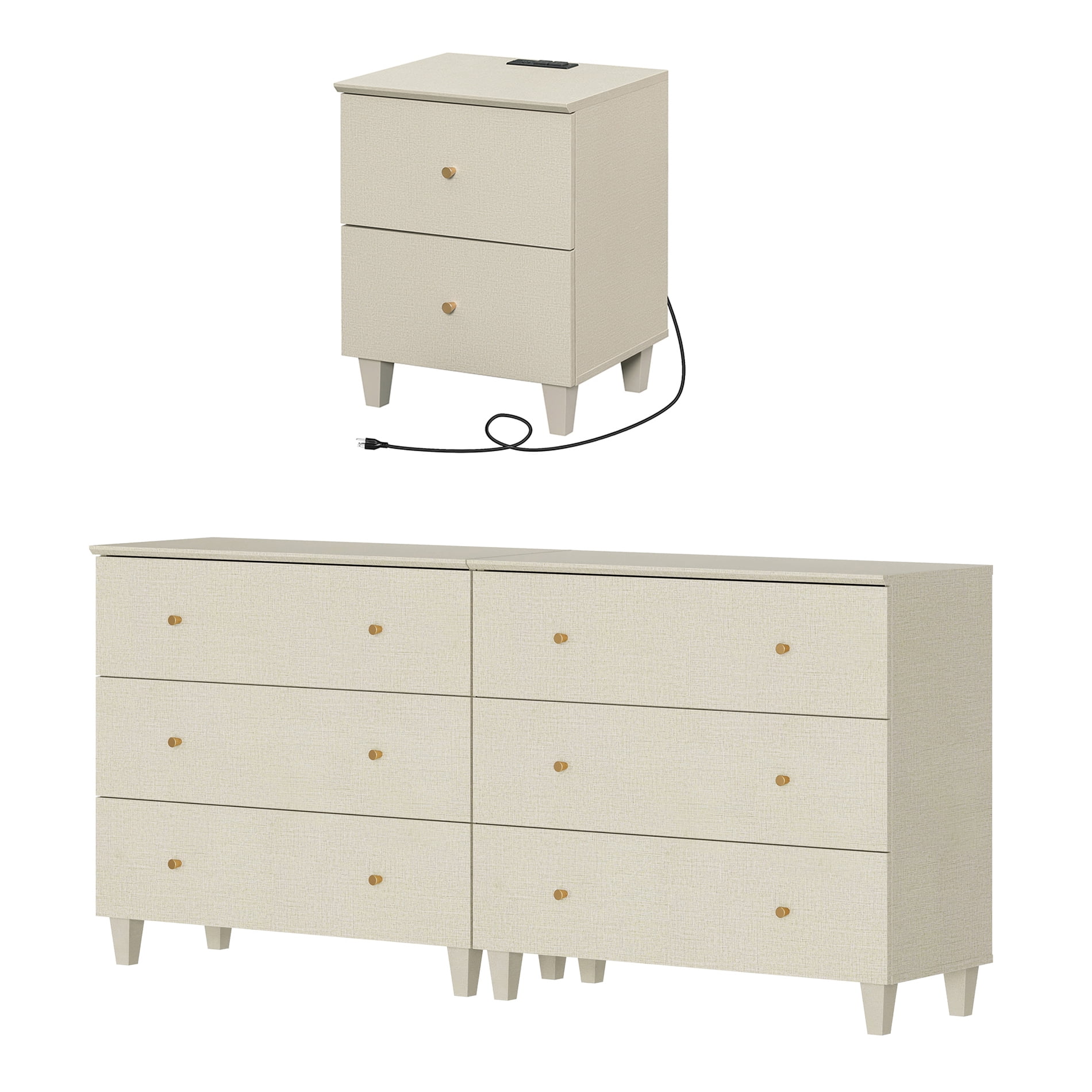 WAMPAT Dresser and Nightstand Set of 3, Wood Dressers with 6 Drawers, Nightstand with Charging Stations for Living Room, Beige Linen Printed