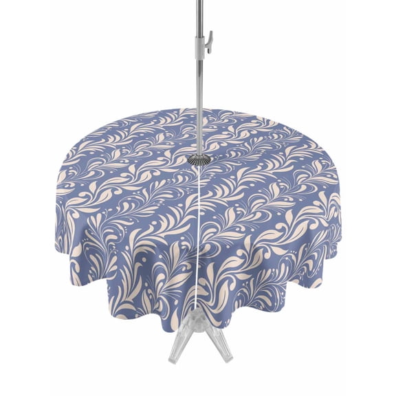 Outdoor Tablecloth with Umbrella Hole and Zipper, Blue Floral Round Table Cloth 60 Inch Waterproof Tablecloth, Spring Flowers Pattern Plants Simple Vintage Picnic Table Cover for Patio Camping