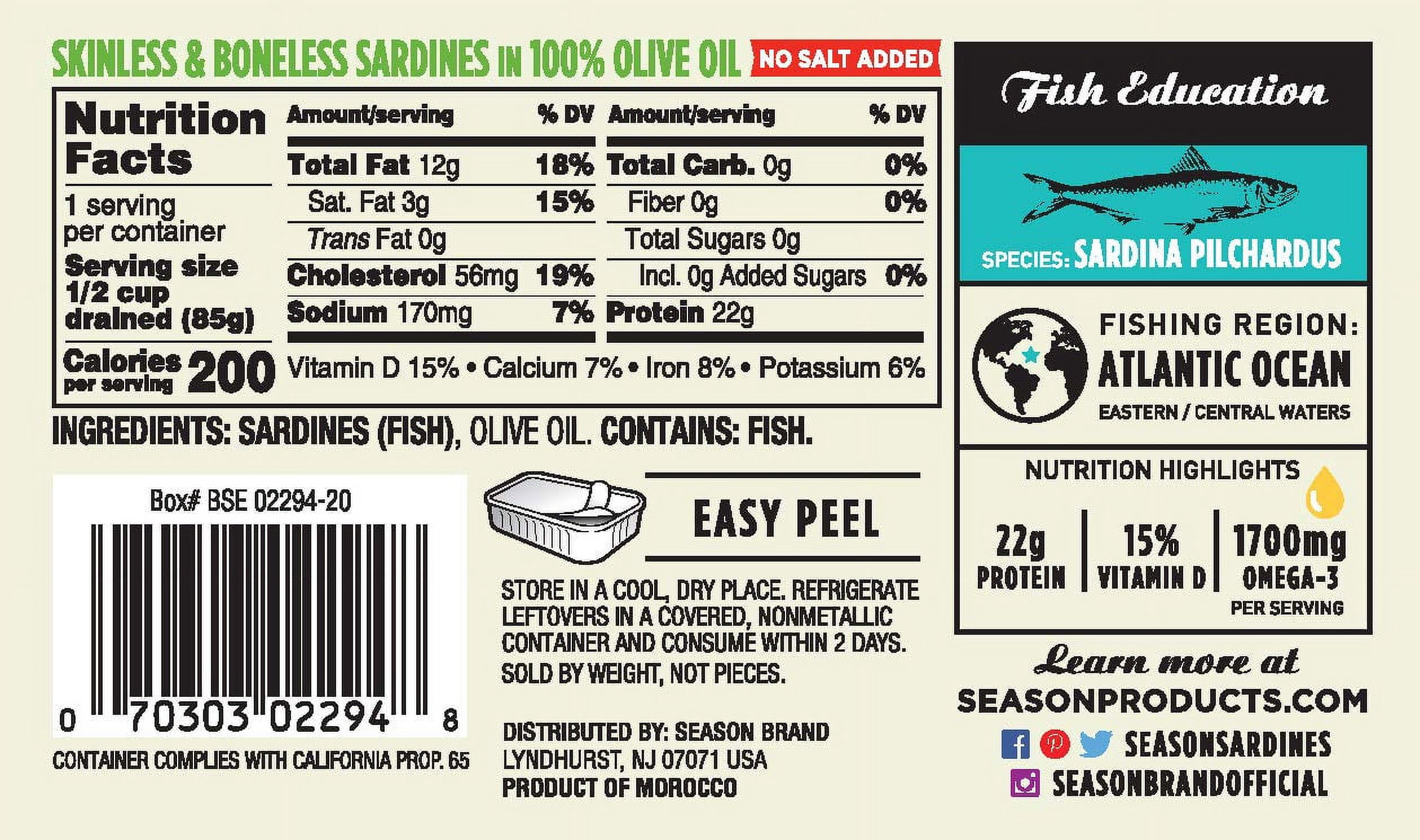 Season Skinless & Boneless Sardines in Olive Oil, No Salt Added, 4.375-Ounce Tins (Pack of 6)