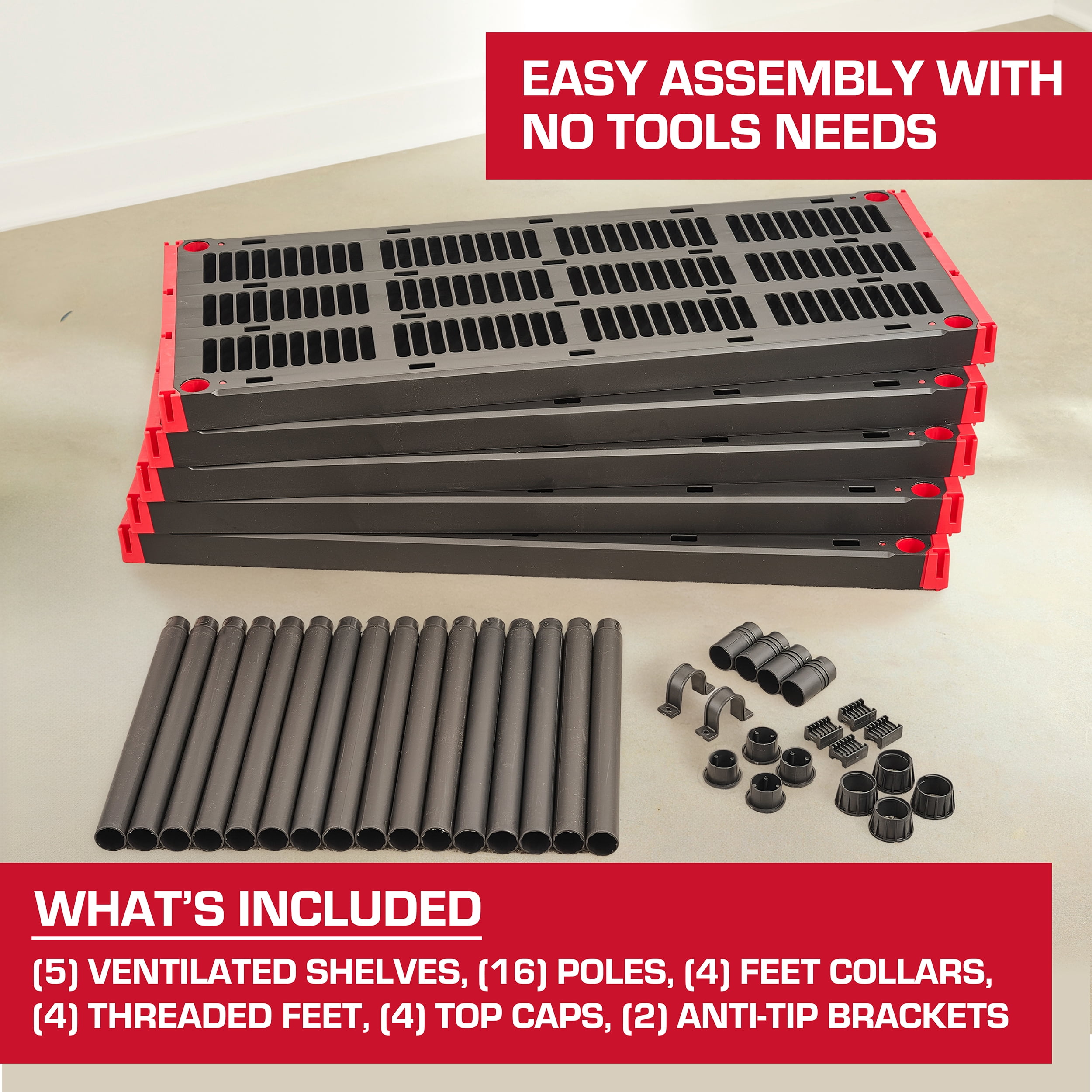 Hyper Tough 5 Shelf Plastic Storage Shelf, 48" W x 20" D x 72" H, Holds up to 1000 lb Total Capacity, Black and Red