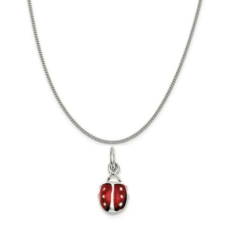Enamel Sterling Silver Charm - Sterling Silver Red Enameled Lady Bug Charm on a Sterling Silver Curb Chain Necklace, 16