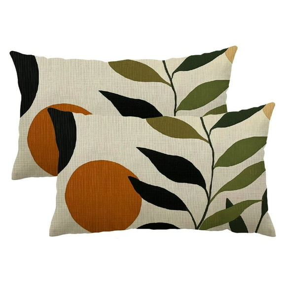 QKZF Mid Century Pillow Covers 12x20 Pack of 2 Boho Black Green Orange Sunset Throw Pillow Covers,Modern Abstract Tropical Leaf Decorative Pillowcase 12x20inch