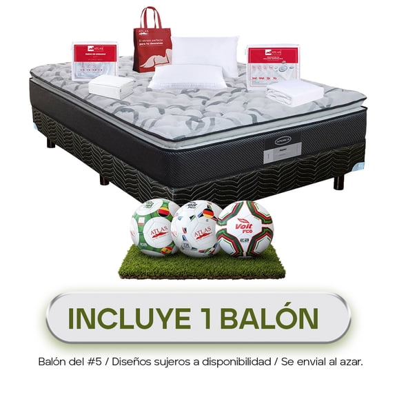 Colchón Mas Box Matrimonial América Aspen + 2 Almohadas Suaves + Protector de Colchón + Juego de Sabanas Blancas + 1 Balón de Regalo Atlas Del Descanso
