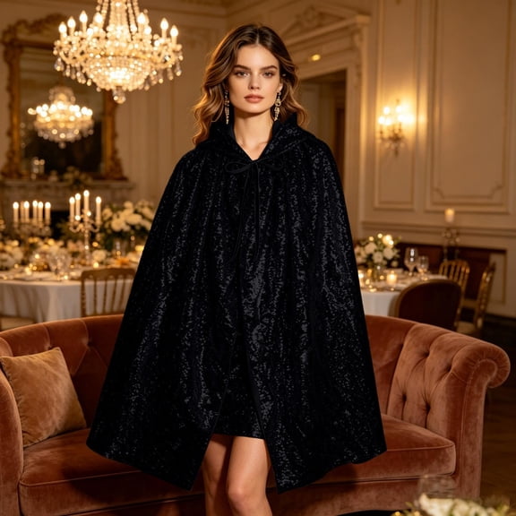 Halloween Sequin Hooded Cape, Tie-Front Sparkly Cloak for Stage Performance & Holiday Party, Glittery Open-Front Cover-Up for Women, 1 PC Black