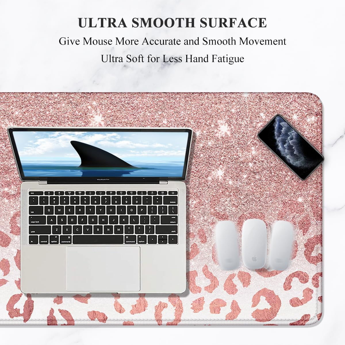 Large Mouse Pad, XXL Desk Pad, Extened 35" x 15", Non-Slip Rubber Base, Stitched Edges, Superior Surface, Waterproof Keyboard Mat, Large Mousepad for Gamer, Office & Home, Pink Gold Leopard