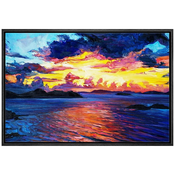 wall26 Framed Canvas Print Wall Art Rainbow Effect Seascape Horizon Nature Wilderness Watercolor Modern Art Rustic Scenic Dramatic Multicolor for Living Room, Bedroom, Office - 16"x24" Blac
