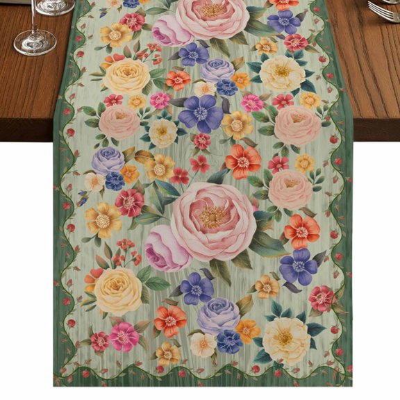 Table Runners 72 Inches Long Dress Scarves, Green Boho Flower Farmhouse Kitchen/Dining Table Runner, Coffee Tablerunners, Spring Watercolor Country Floral Plant 18x72 Inch