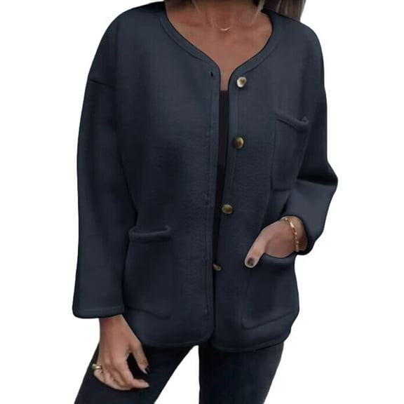 Women'S Autumn and Winter Fashion Casual Round Neck Long Sleeve Button Woolen Coat with Pockets Black M