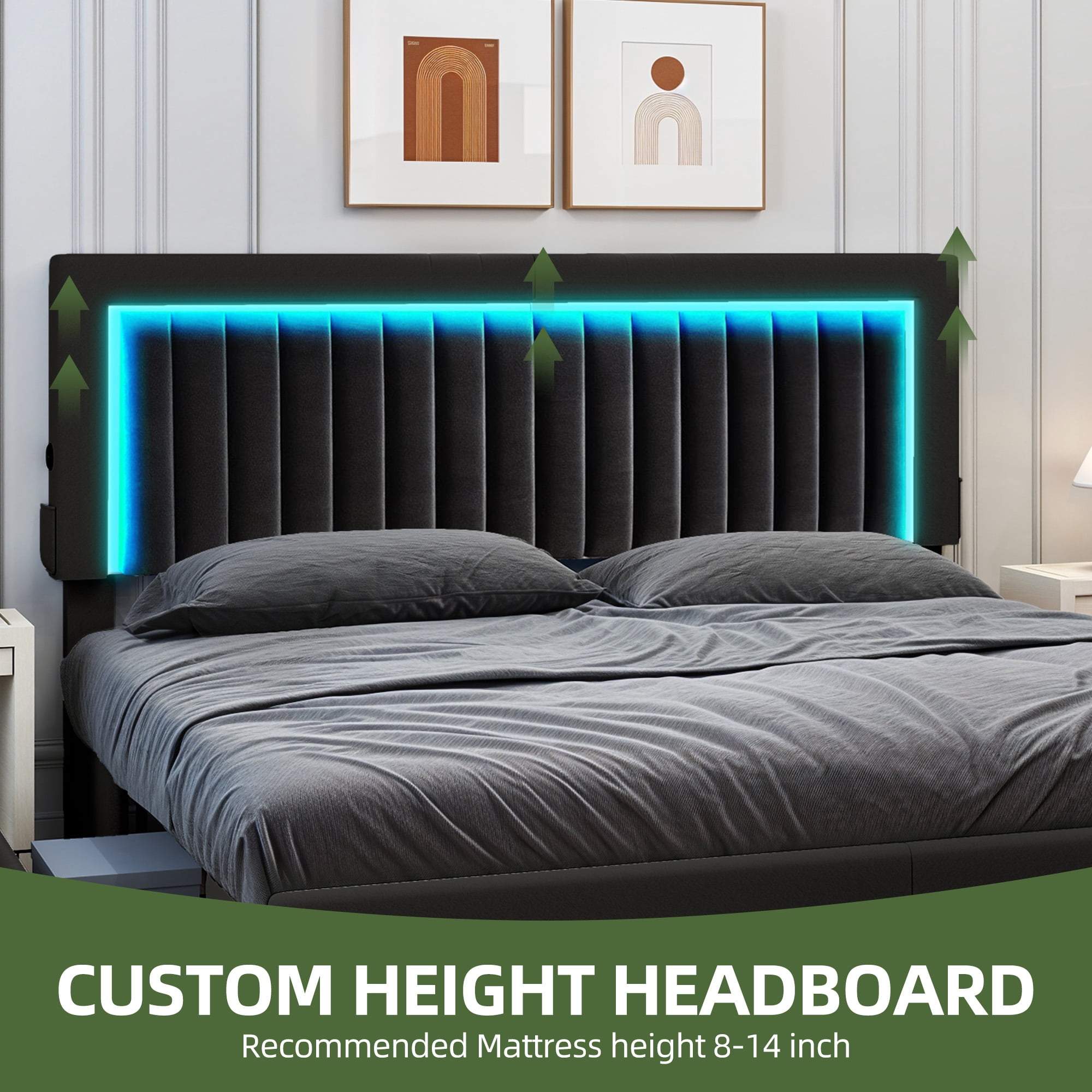 King Size Velvet Upholstered Platform Bed Frame with RGB LED Lights, 4 Storage Drawers & USB Ports (Black)