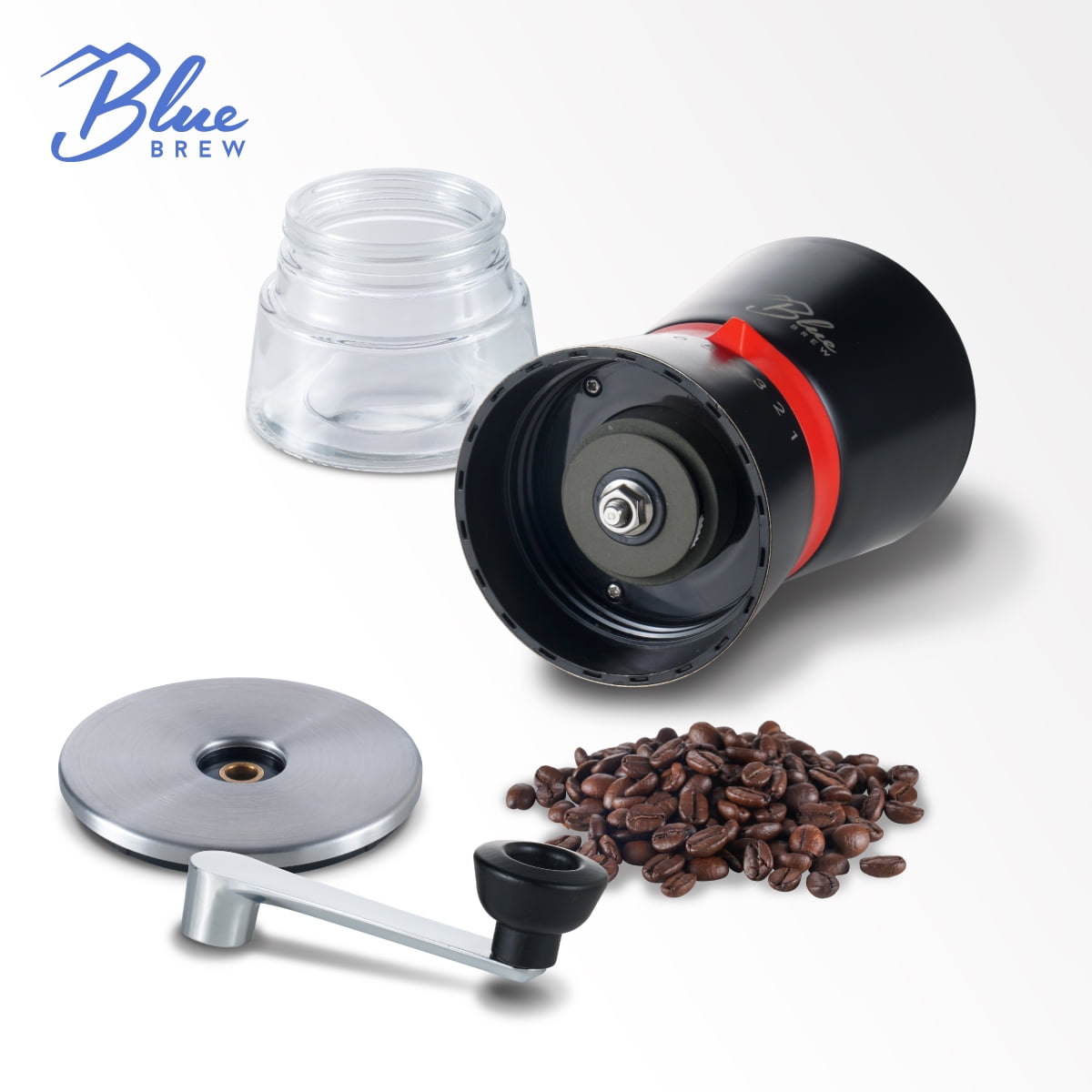 BLUE BREW Coffee Grinder with Conical Ceramic Burrs, Manual, with 2 Airtight Glass Jars, Adjustable Grinding Size Stainless Steel Hand Coffee Mill/Espresso Bean Grinder, BB1007