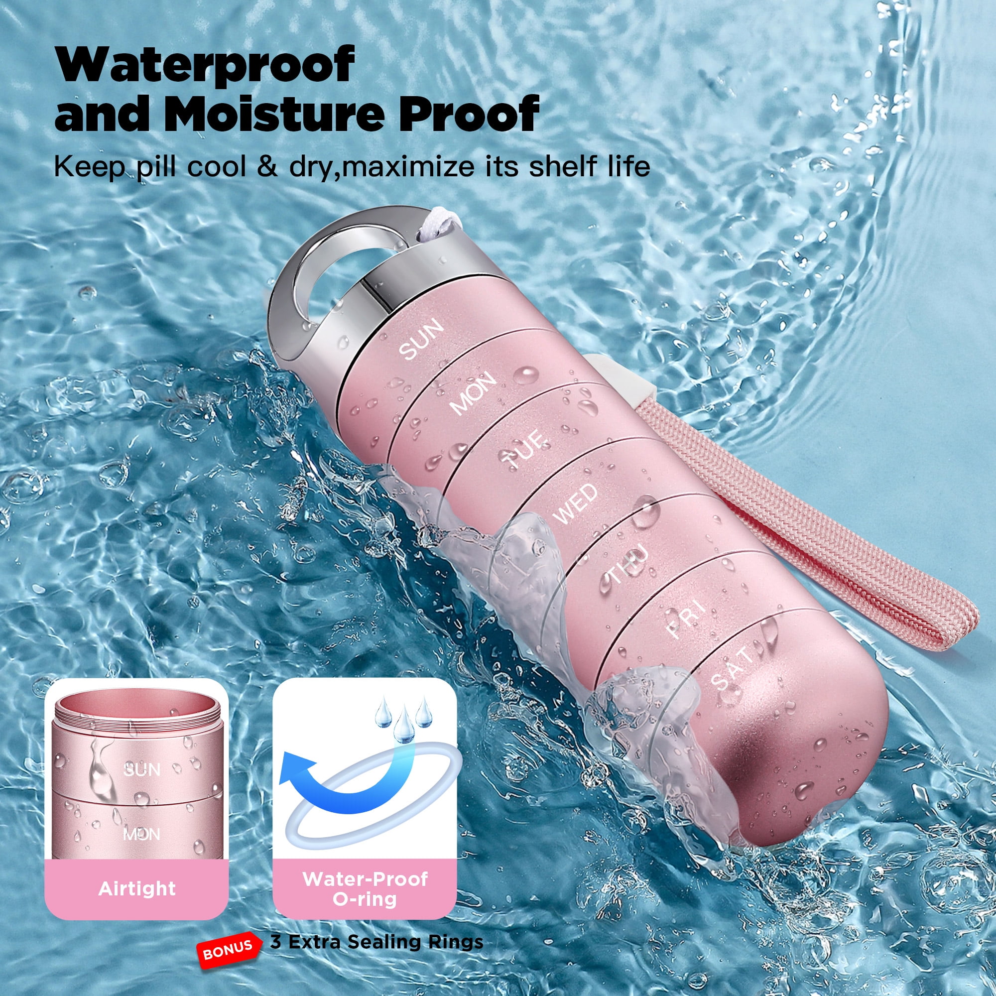 Macova Metal Travel Pill Organizer, Portable Waterproof Weekly Pill Box, Large Aluminum Alloy Container, BPA Free 7 Day Daily Medicine Organizer Holder for Vitamin, Fish Oil, Supplement