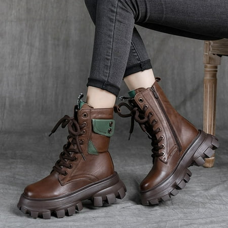 

Gubotare Combat Boots Womens Winter Snow Boots for Women Warm Fur Lined Ankle Boots Comfortable Suede Lace Up Booties Cute Flat Shoes Brown 8