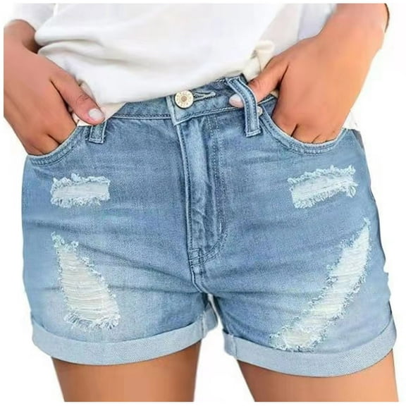 Owordtank Casual Jean Shorts for Women Solid Color Zipper Denim Shorts
