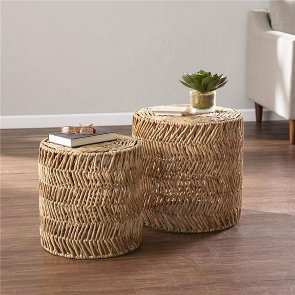 HomeRoots 402285 18 in. Natural Woven Rattan End Table - Set of 2