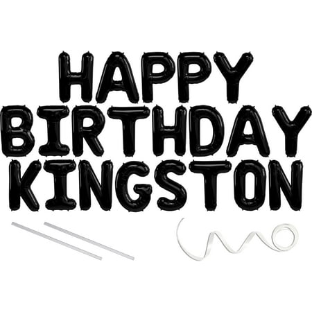 Kingston, Happy Birthday Mylar Balloon Banner - Black - 16 inch Letters. Includes 2 Straws for Inflating, String for Hanging. Air Fill Only- Does Not Float w/Helium. Great Birthday Decoration