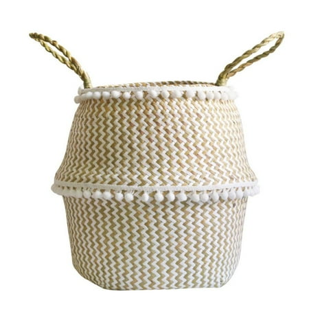 White Wicker Baskets Cheap Foldable Handmade Folding Wicker Grass Weaving White Pattern with Small Plush Balls Flower Basket, Storage Basket for Storing Cosmetics, Dirty Clothes ()