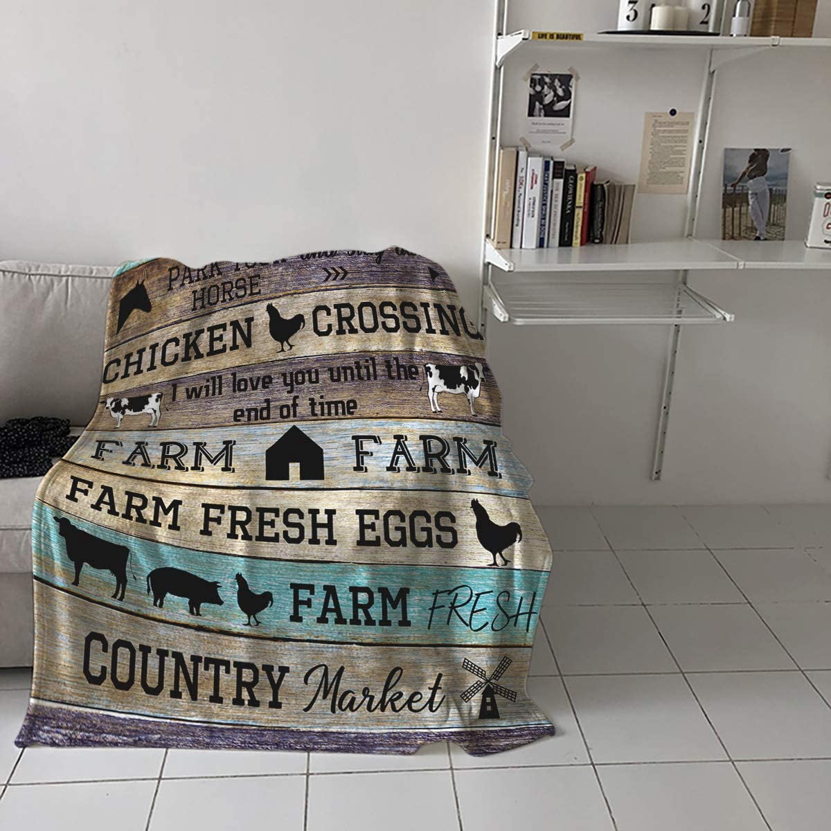 Farmhouse Blanket Super Soft Flannel Fleece Throw Blankets Farm Animal Cow Pig Horse Rustic Wooden Texture Blanket Lightweight Cozy Warm Fuzzy Plush Microfiber Blankets for Couch Bed Sofa 50x60inch