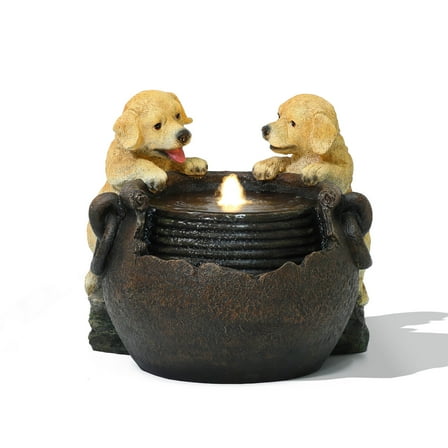 LuxenHome Puppy Love Farmhouse Resin Outdoor Fountain with Lights