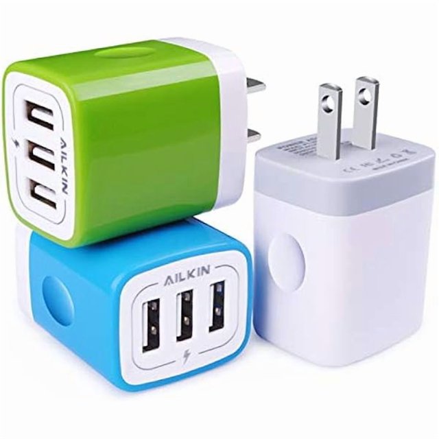 USB Plug-in Wall Charger, Charging Block, 3Pack Ailkin 3.1A Fast Charge 3-Port Power Adapter Cube Box Brick Base Compatible with iPhone, iPad, LG, Honor, Samsung, Kindle Fire, Blue, all USB Brick Base