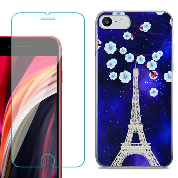 Slim-Fit Fashion Gel Phone Case for iPhone SE 2022, with Tempered Glass Screen Protector, by OneToughShield ® - Eiffel Tower Stars