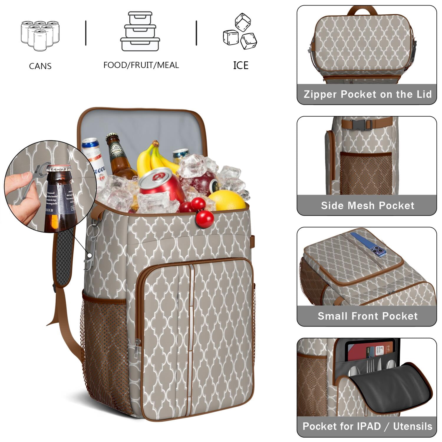 Travel Cooler Bag - Boho Bohemia Pioneer Flower Geometric Line Art Camping Beer Cooler Backpack with Bottle Opener- Waterproof Insulated Picnic Backpacks - Cooler Bag for Beach