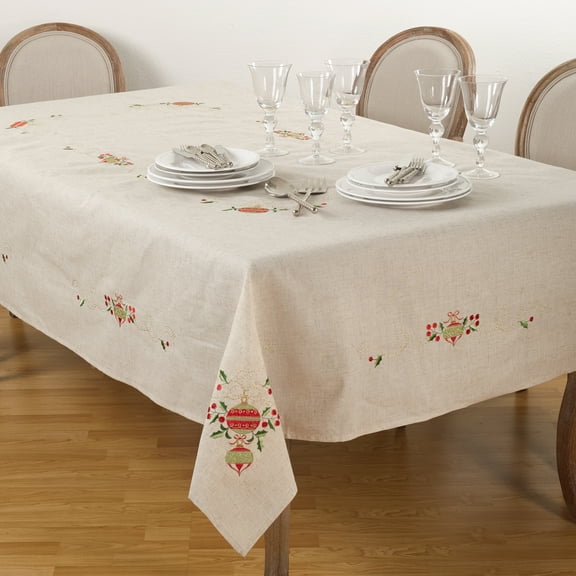 Saro Lifestyle 007.N67160B 67 x 160 in. Embroidered Ornament Design Christmas Holiday Linen Blend Tablecloth - Natural