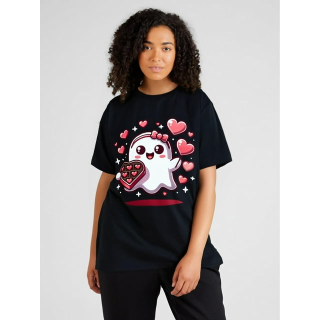 Camiseta de San Valentín con un fantasma, corazones y chocolate. 100 % algodón. Cuello redondo. Camisetas de San Valentín. Camiseta gráfica para hombre. Regalo para familiares y amigos.