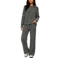 thumbnail image 2 of Aimik Lounge Sets for Women Striped Long Sleeve Crewneck Top and Wide Leg Long Pants Set Fall Winter Casual Womens Striped Set, 2 of 6