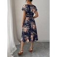thumbnail image 6 of Navy Blue Floral Pleated Midi Dress With Short Sleeve Crew Neck And Tie Waist, 6 of 6