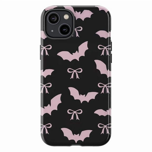 Cute Pink Bat and Bow Pattern Phone Case, Gothic Halloween Inspired Protective Cover for iPhone 16 15 14 13 12 11 Pro Max Mini