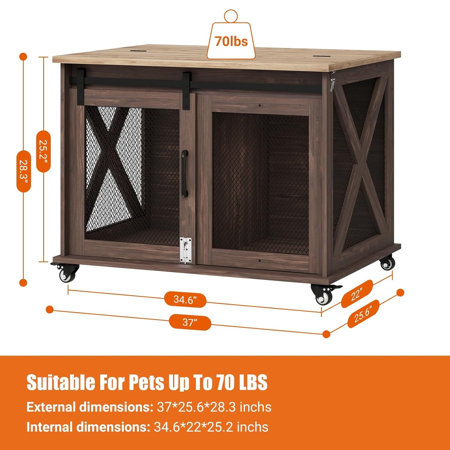 M optimized Dog Crate Furniture with Sliding Barn Door, Flip Top Dog Crate End Table with Wheels, Indoor Dog Kennel Furniture with Removable Divider, Dog House