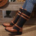 thumbnail image 3 of Womens Retro Leather Spliced Mid Calf Combat Boots Lace Up Metal Buckle Straps Wide Calf Motorcycle Riding Boots, 3 of 8