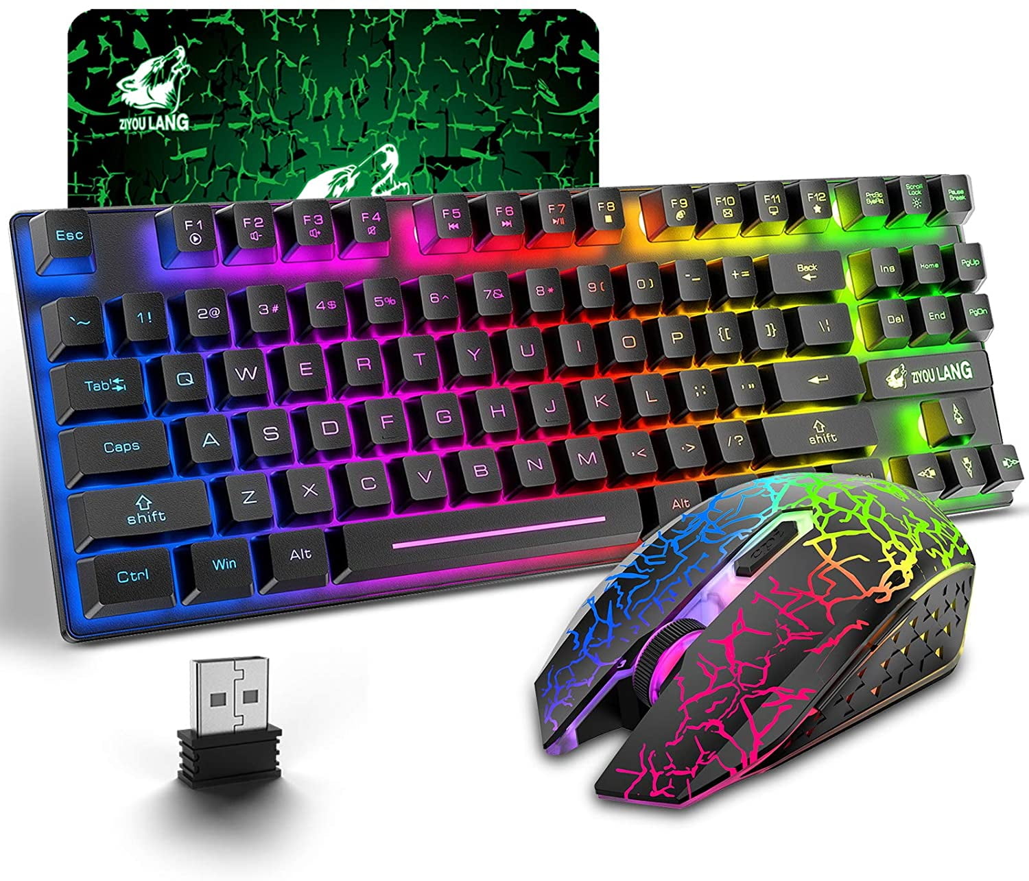 ZIYOULANG Wireless Gaming Keyboard and Mouse Combo with 87 Key Rainbow LED  Backlight Rechargeable 3800mAh Battery Mechanical Feel Ergonomic Waterproof