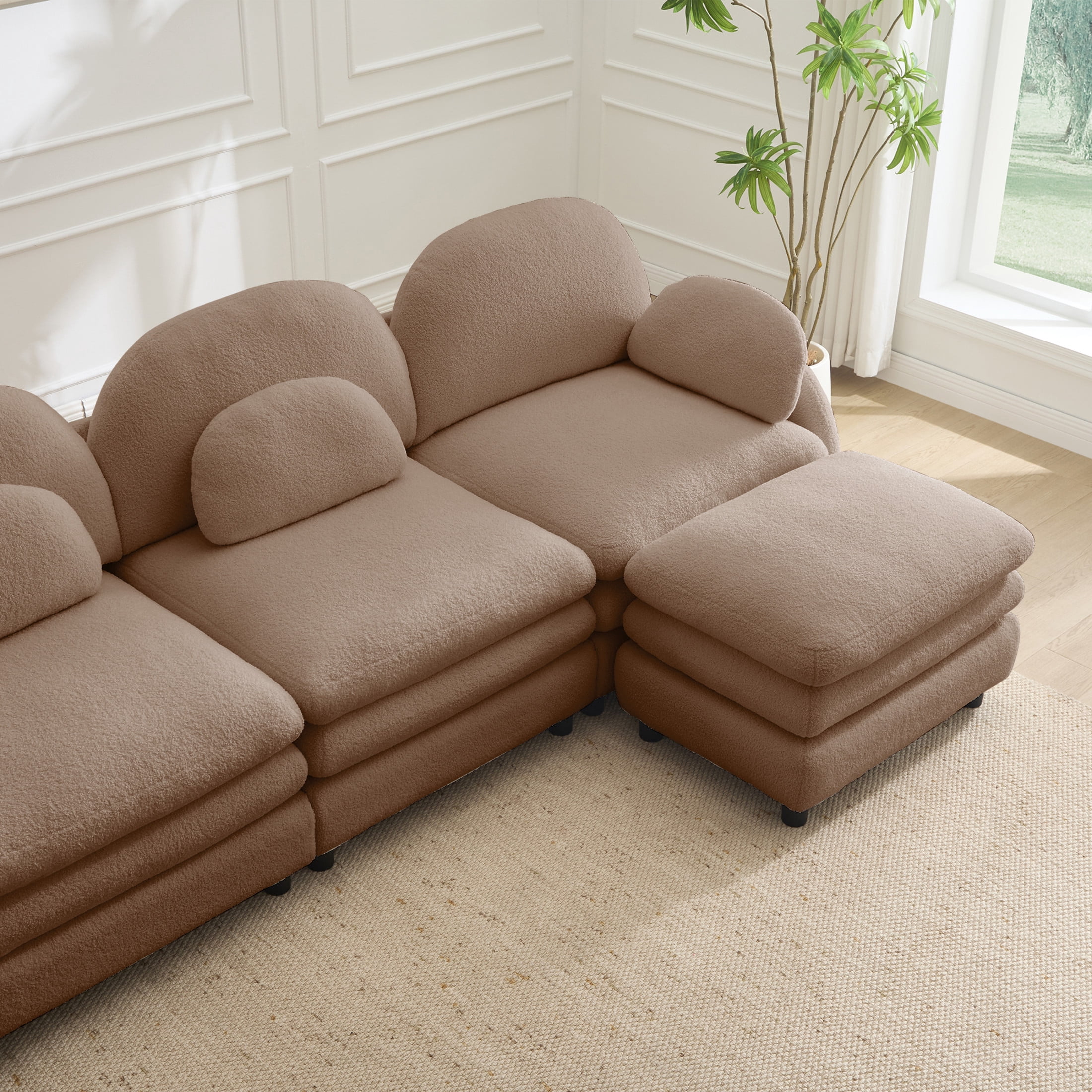 Noble House Windsor Teddy Fabric 4-Seater Sectional Sofa, Modular Cloud Couch with Ottoman and Lumbar Pillows, Camel