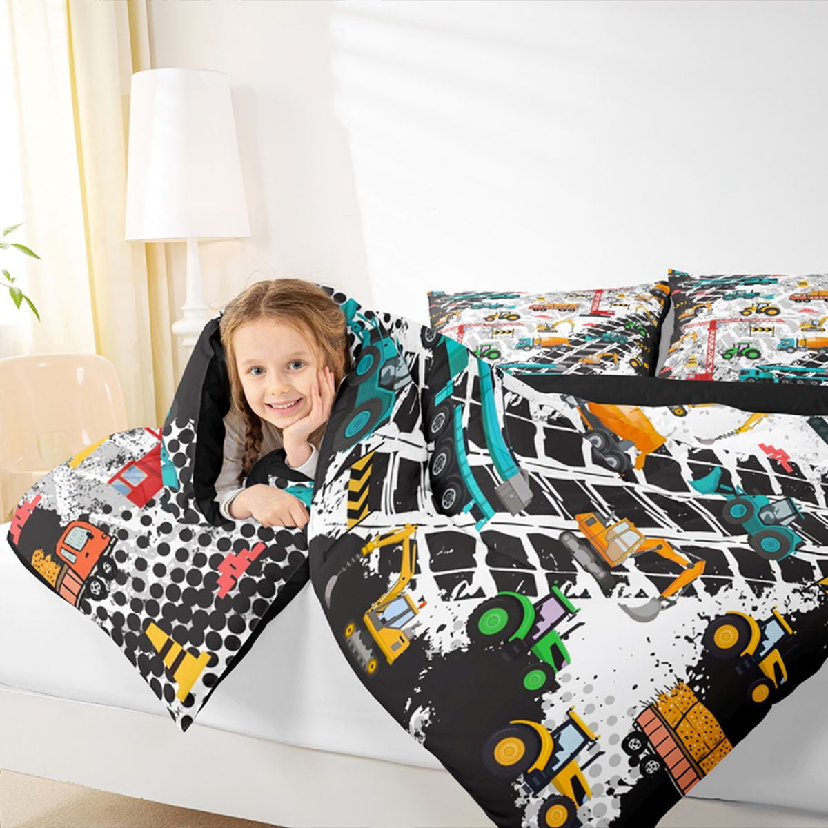 Manfei Cartoon Excavator Vehicle Queen Comforter Set,Equipment Truck Crane Bedding Sets,Retro Geometric Circle Bedding Comforter Set For Boys,Breathable Home Decor Reversible,3pcs