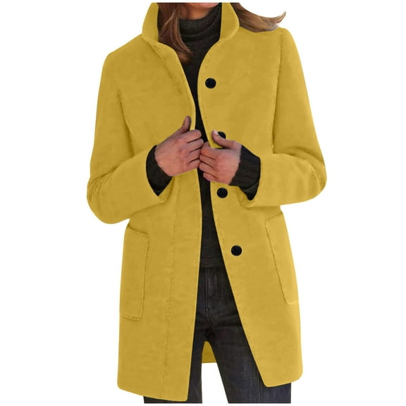 Mingw Pea Coat for Women Notched Lapel Single Breasted Long Jacket Winter Casual Trench Coat Outerwear ,3XL,Yellow
