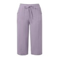thumbnail image 4 of Mohiass Womens Capris Clearance High Waisted Wide Leg Capris for Women Plus Size Summer Drawstring Cotton Linen Capri Pants for Women with Pockets Light Purple 2XL, 4 of 8