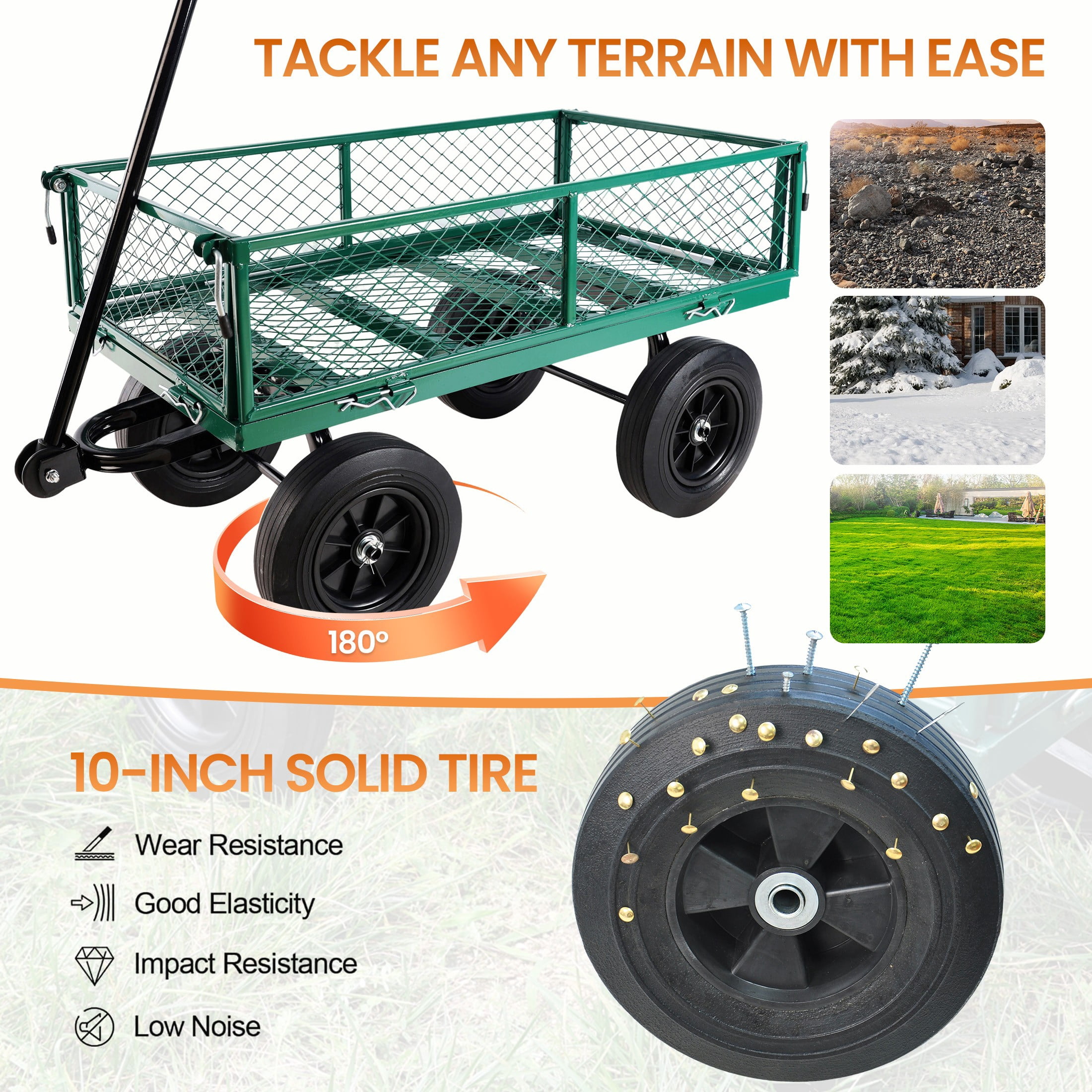 Aukfa Mesh Steel Wagon Cart with Removable Sides, Garden Cart Heavy Duty Utility Wagon with Rotating Handle/10'' Tires for Garden Yard, Green