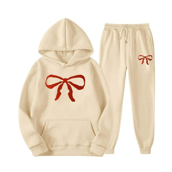 Sweatsuits for Women 2 Piece Long Sleeve Bow Print Hooded Pullover and Sweatpants 2025 Fall Lightweight Casual Baggy Tracksuit