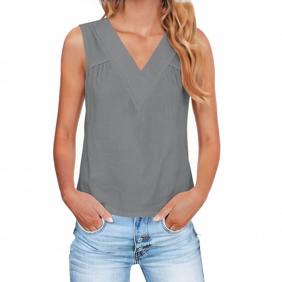 ‌FDGIU Women's Linen Crop Tank Tops - V Neck Sleeveless Blouse (Summer Pleated Business Casual) Solid Color